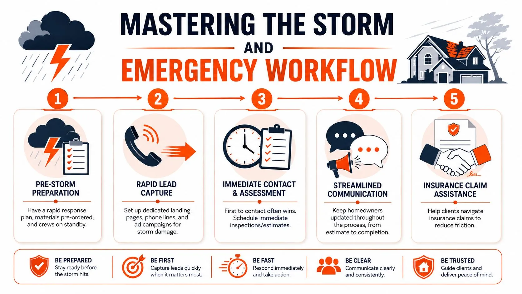 A workflow infographic titled Mastering the Storm and Emergency Workflow for roofers, illustrating five steps from preparation to insurance.
