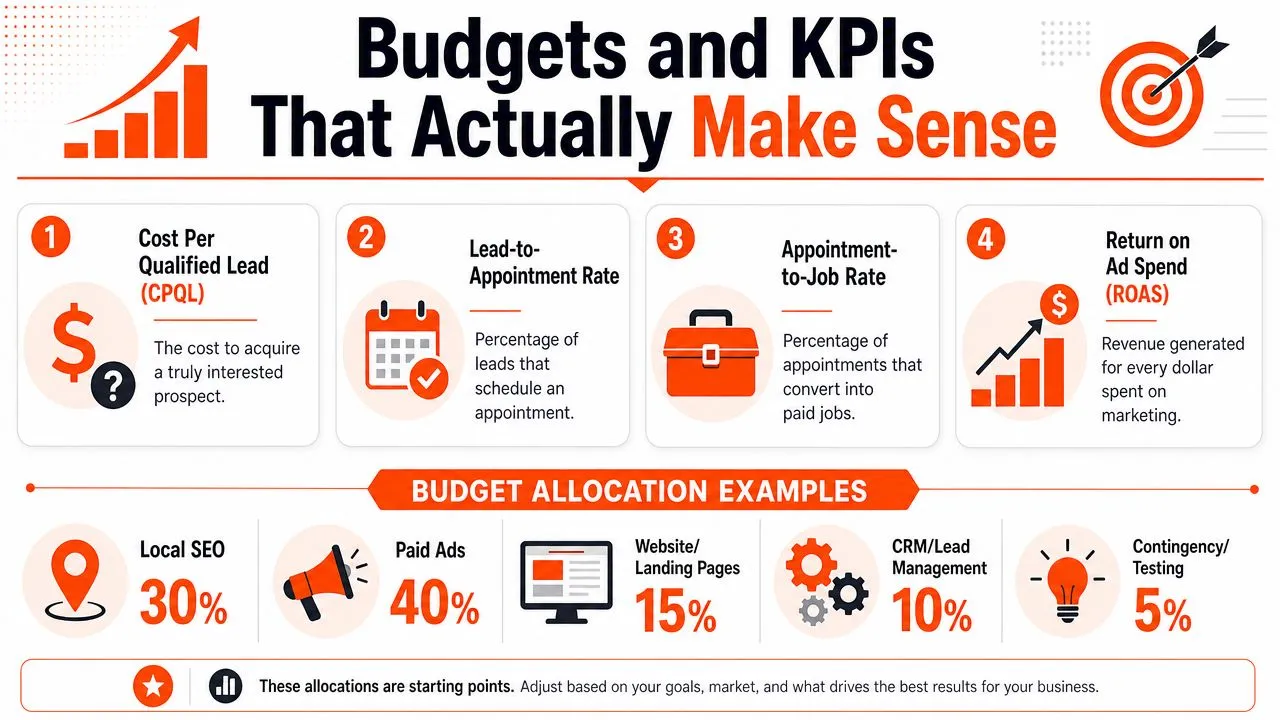 An infographic detailing essential digital marketing KPIs and budget allocation percentages for contractor business growth strategies.