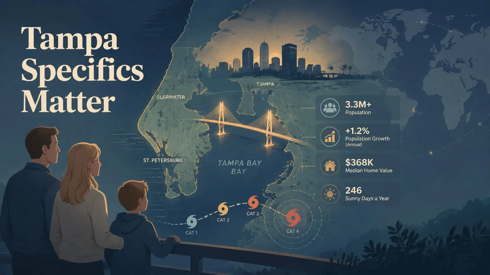 A family looking at a digital display detailing Tampa, Florida, including statistics and weather-related data.