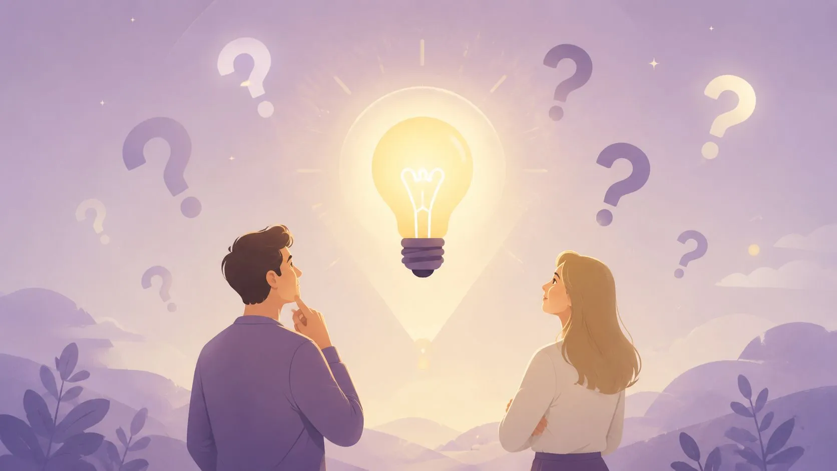 A man and a woman looking up at a glowing lightbulb surrounded by floating question marks.