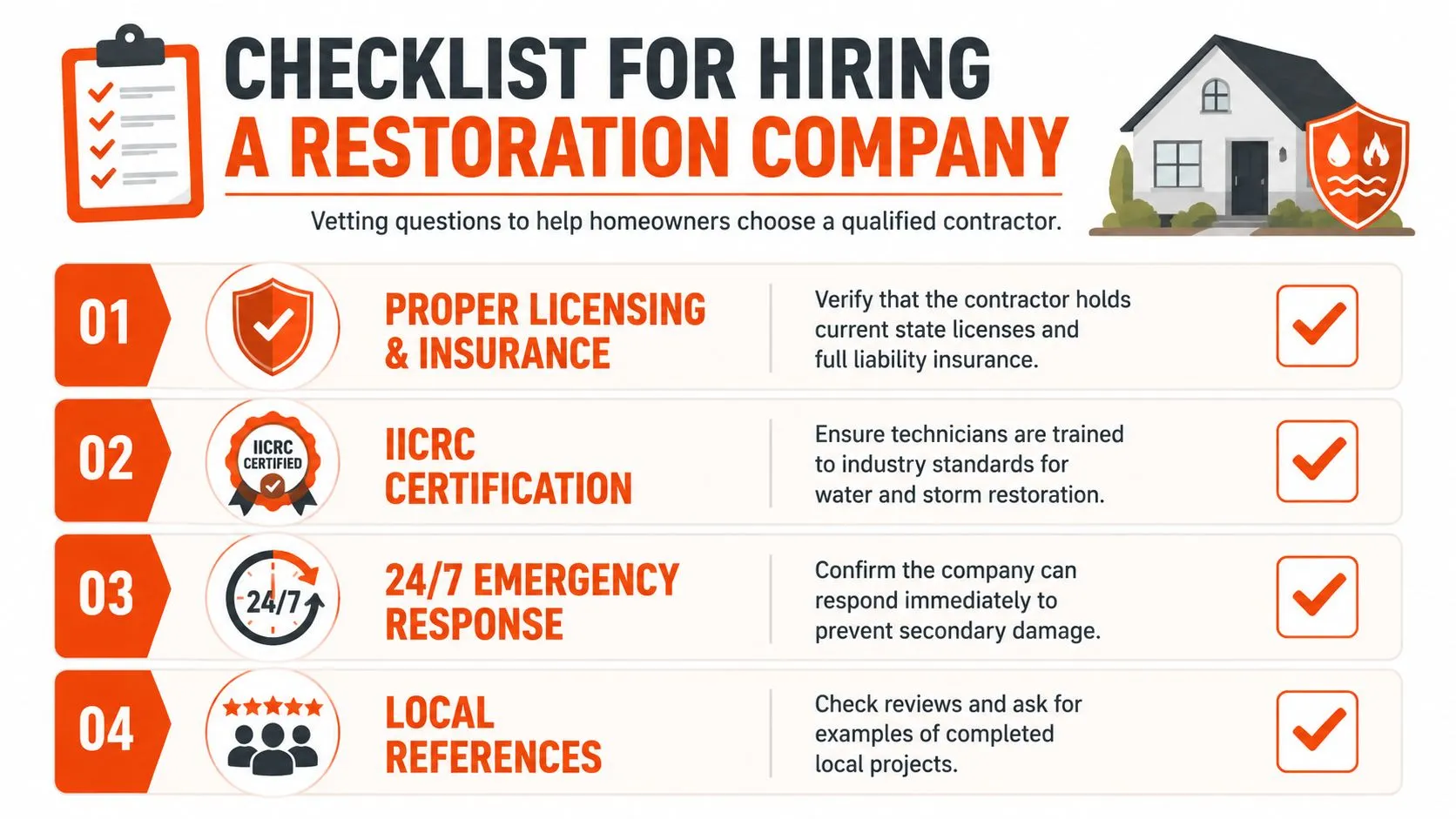 A checklist for homeowners detailing important steps to take when hiring a professional storm damage restoration company.