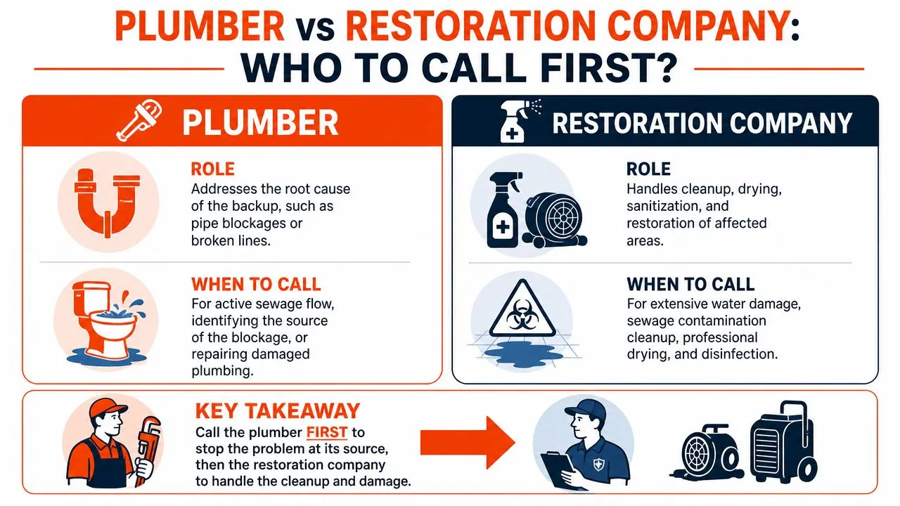 A comparison infographic showing when to call a plumber versus a restoration company for sewage backup issues.