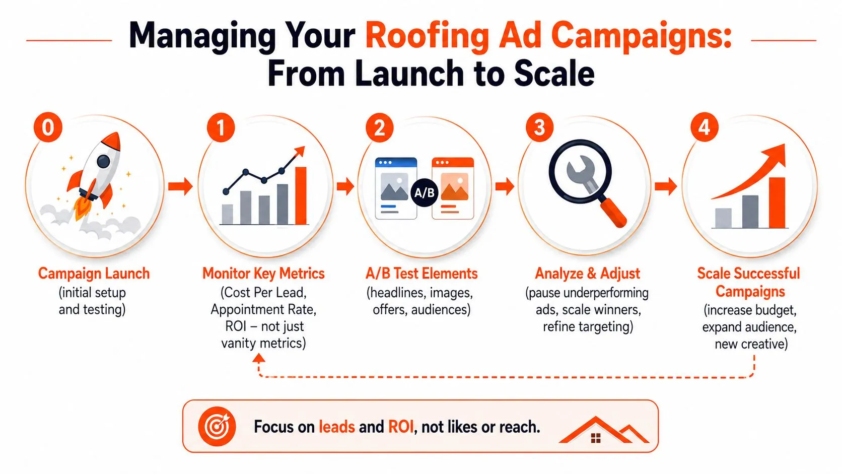 A step-by-step infographic showing the process of launching, testing, and scaling roofing advertising campaigns.