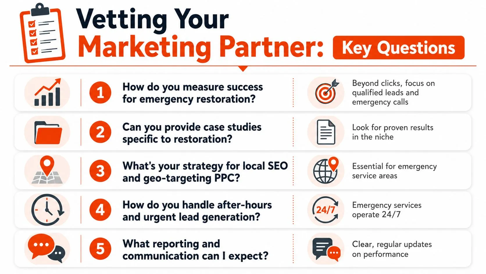 A checklist infographic titled Vetting Your Marketing Partner highlighting five key questions for emergency restoration companies.