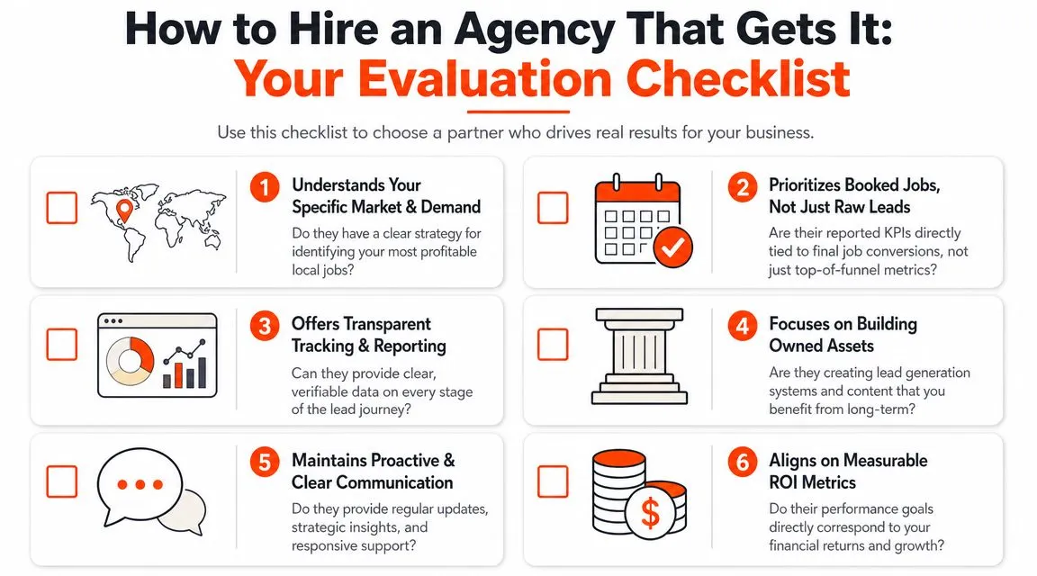 A checklist infographic titled How to Hire an Agency That Gets It for business evaluation.