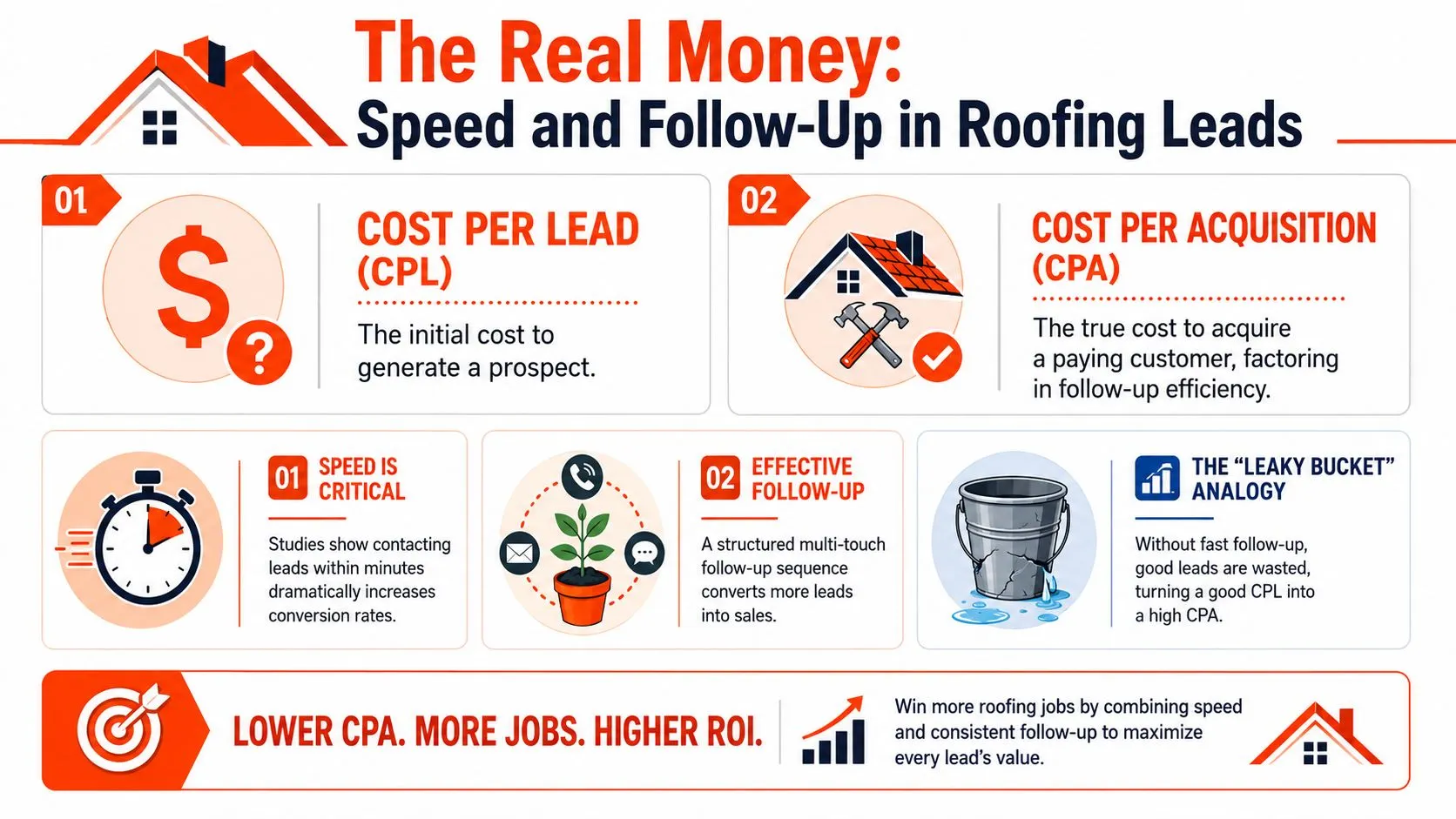 An infographic titled The Real Money detailing the importance of speed and follow-up in roofing leads.